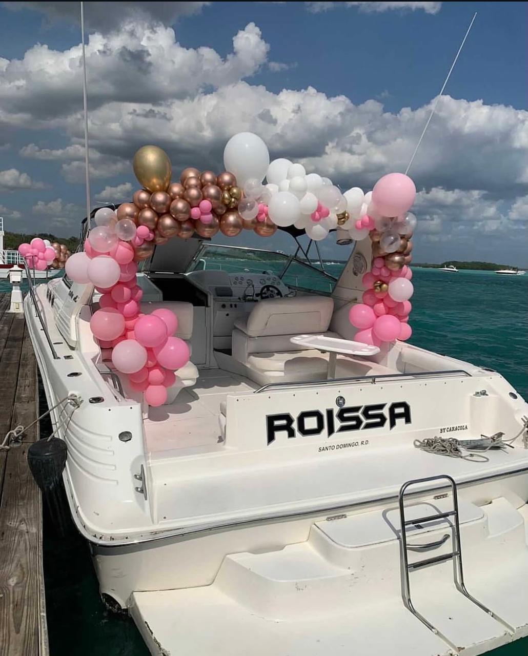 Private yacht decorated with balloons for a birthday celebration